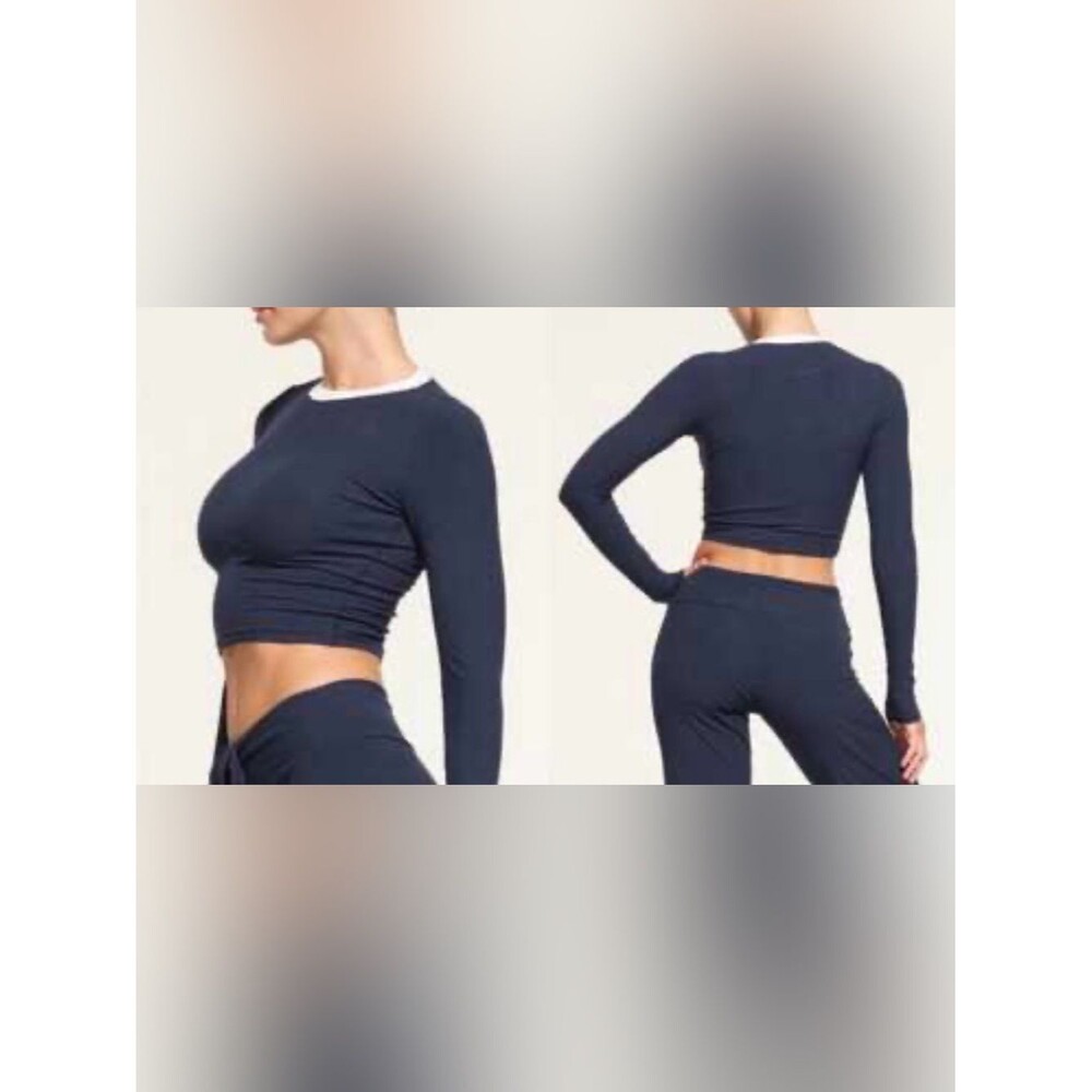 SKIMS Soft Lounge Wine Ribbed Long-Sleeve Ringer Cropped Crew White Neck Trim - Picture 2 of 5